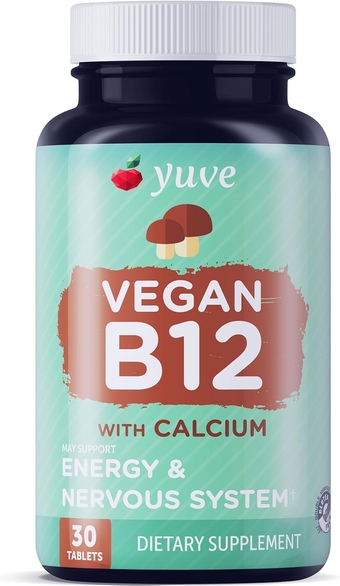 Vegan B12 with Calcium for Maximum Absorbption - Active Energy & Central Nervous System Support - 1000mcg Cobalamin Vitamin B 12 - Natural, Non-GMO, Gluten-Free, Sugar-Free - 30 Tabs