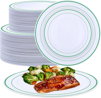 100 Pieces Wedding Party Plates Disposable Dinnerware Set 50 Guests Disposable Plastic Dinnerware for Party Dinner and Salad Plates, Plastic Plate with Elegant Rim for Party Supplies (Green Rim)