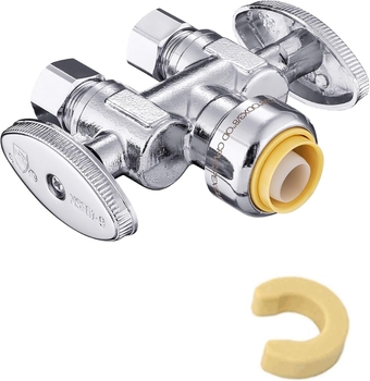 Push Fit 1/2" x Dual 3/8" ; OD Compression Straight Stop Valve 1/4 Turn with a Disconnect Clip Tool