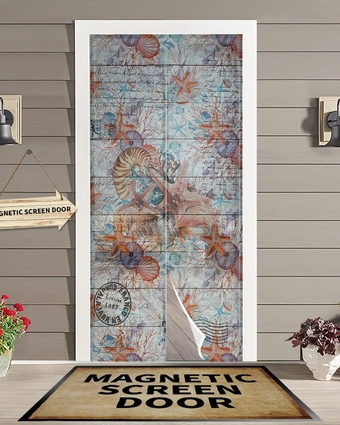 Magnetic Screen Door Fits Door Screen Curtain 38" x 83", Ocean Seaweed Shells Starfish Screen Door Mesh Door Screen Heavy Duty for Sliding Door Doorway Front Doors Rustic Wooden Board