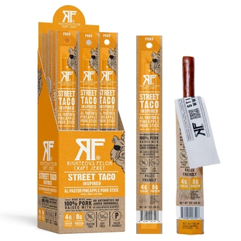 Righteous Felon Jerky Meat Sticks, Gluten Free, Healthy Snacks for Adults and Kids, High Protein, Low Carb, Keto, Low Sugar, Individually Wrapped Snack Packs, 100% Pork Stick (Street Taco - 24 Pack)