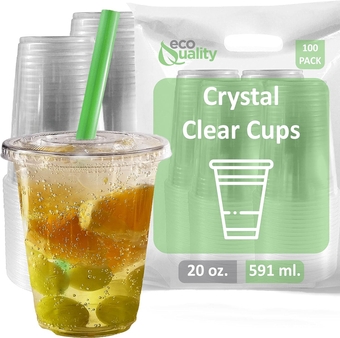 Clear Plastic Disposable Cups with Lids and Smoothie Straws 100 count - 20 oz (ounces) Clear PET Cup for Smoothies, Protein Shakes, Bubble Tea, Iced Coffee, Boba, Fresh Juice, Meal Prep, Party Cup