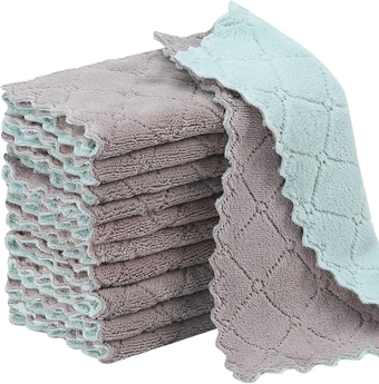 11Pack Kitchen Dish Cloths, Reusable Dish Towels, Nonstick Oil Washable Fast Drying, Super Absorbent Coral Velvet Cleaning Cloths for Mom from Daughter Son(Green-grey10 x 6")