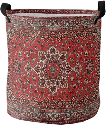 Abstract Red Laundry Basket,Collapsible Bag with Easy Carry Handles,Small Waterproof Foldable Freestanding Hamper,Folding Bin Clothes Storage Round Vintage Distressed Traditional Oriental Boho Tribal