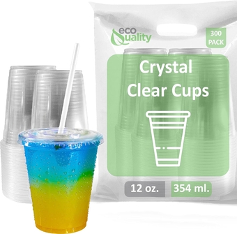 Clear Plastic Disposable Cups with Lids and Straws 300 count - 12 oz (ounces) Clear PET Cup for Smoothies, Protein Shakes, Bubble Tea, Iced Coffee, Boba, Fresh Juice, Meal Prep, Party Cup