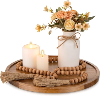 Round Wood Decorative Tray: Rustic Acacia Wooden Coffee Table Trays Decor Farmhouse Centerpiece Serving Trays for Food Drinks Ottoman Kitchen Countertop,12"