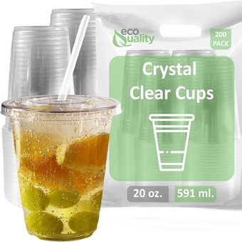 X-Large Clear Plastic Disposable Cups with Lids & Straws 200 count - 20 oz (ounces) Clear PET Cup for Cold Smoothie, Iced Coffee, Boba, Bubble Tea, Protein Shakes, Cold Drinks, 100% Recyclable