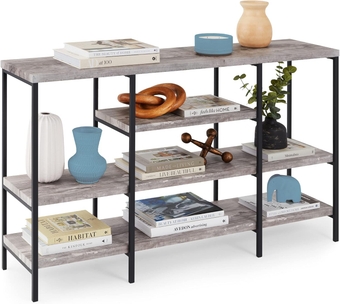 Large Console Table, 4-Tier 55in Rustic, Industrial Sofa Table Storage for Living Room, Entryway, Foyer, Hallway w/EVA Non-Scratch Feet, Steel Frame - Gray