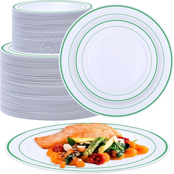 150 Pieces Wedding Party Plates Disposable Dinnerware Set 75 Guests Disposable Plastic Dinnerware for Party Dinner and Salad Plates, Plastic Plate with Elegant Rim for Party Supplies (Green Rim)