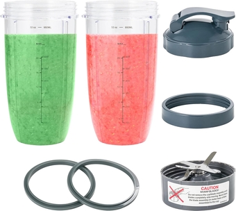 2 Blender Cups 32oz & Blade Replacement Set for NutriBullet 600w & 900w Blenders (plus 1 Flip-Top To-Go Lid / 1 Lid Ring/Extractor Blade / 2 Rubber Gaskets)