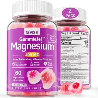Sugar-Free Magnesium Zinc & Vitamin D3 Filled Gummies 400mg | Absorbable Magnesium: Taurate, Glycinate, Malate, Citrate & Chloride | w/Potassium Citrate & B6 25mg | Muscle Recovery,Energy, Mood,120Cts