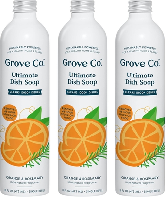 Ultimate Dish Soap Refills (3 x 16 Fl Oz) Removes 48-hr Stuck-on Food & Grease, No Plastic or Parabens, 100% Natural Orange & Rosemary Fragrance
