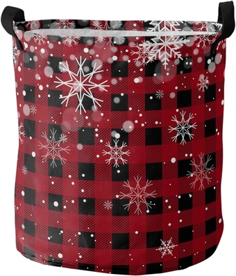 Buffalo Plaid Laundry Basket, Collapsible Bag with Easy Carry Handles, Small Waterproof Foldable Freestanding Hamper, Folding Washing Bin Clothes Storage Round Red Black Christmas Winter Snowflake