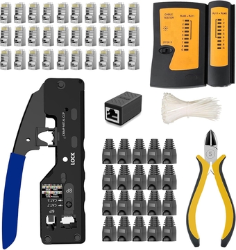 LEATBUY Crimper Kit CAT5/CAT6 RJ45 Crimp Tool Set for RJ11/RJ12 Ethernet Cutter Crimping Tool for Pass Through 30PCS Connectors, 20PCS Covers Network Wire Stripper Kit(Stapler-type)
