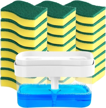 Heavy Duty Scrub Sponge-24 Count, Dish Soap Dispenser for Kitchen, 2in1 with Soap Dispenser and Sponge Holder for Bathroom, Countertop, Sink-25Oz-White…