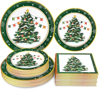 200 PCS Christmas Paper Plates and Napkins, Green Christmas Tree Disposable Dinnerware Set, Christmas Party Supplies Decoration, Holiday Party Plates for Christmas Xmas Winter Serves 50