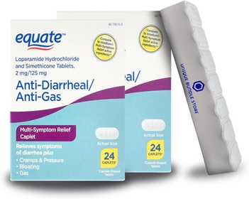 Equate Loperamide Hydrochloride, Caplets 24 Count, Anti-Diarrheal and Anti-Gas Multi-Symptom Relief + 7 Day Pill Organizer Included (Pack of 2)
