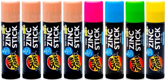 Zinc Stick Mineral screen (Light Skin Tone, Pink, Blue, Green, Yellow) SPF 50+ Water Resistant for Face & Body, Adults, Kids, 8-Pack Broad Spectrum  Block, Made in Australia