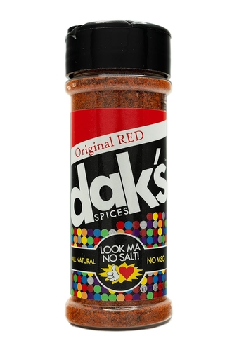DAK's Spices ORIGINAL RED – 100% salt free! Deliciously spice up your diet with this seasoning containing 0% sodium! Grill steak and poultry with freedom from salt, low salt, and low sodium!