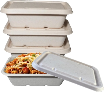 22oz Disposable Bowls with Fiber Lids - Rectangular Compostable Sugarcane Fiber Biodegradable Paper Bowls Eco-Friendly Take Out Food Storage Containers, Microwave Safe, Meal Prep (500)