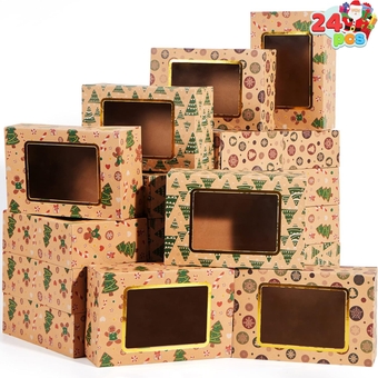 24 PCS Foiled Christmas Cookie Boxes with Window 8.75" x 5.6" x 2.75”, Treat Boxes for Doughnut and Cookie, Brown Kraft Bakery Boxes, Xmas Cookie Gift Baking Box for Pastries, Cupcakes