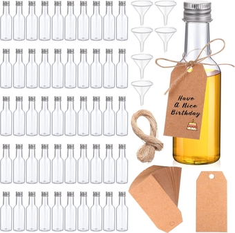 100 Pcs Mini Liquor Bottles Set, 1.7oz Plastic Spirit Bottles Mini Plastic Alcohol Shot Bottles with Caps, 6 Liquid Funnels and Kraft Tags with 65 ft Ropes for Party (Silver Cap)
