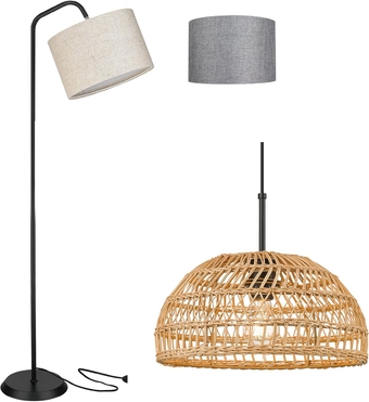 Modern Rattan Pendant Light, Hand-Woven Boho Basket Coastal Hanging Light Fixtures & Tall Pole Standing Light for Farmhouse Dining Room Kitchen Island Living Room Bedroom Foyer, Black