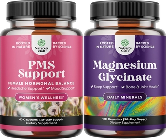 Bundle of Advanced PMS Support Supplement for Women for for Low Energy Mood Support Period Cramps and Bloating Relief for Women and Pure Magnesium Glycinate 400mg Per Serving for Mood Sleep and Rela