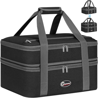 Double Insulated Casserole Carriers for Hot or Cold Food, Expandable Insulated Food Carrier, Large Hot Food Carrier for Parties, Picnic, Travel, Fits 9"x13" Baking Dish, Black