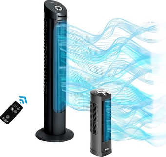 UltraSlimline Indoor Bladeless Oscillating Tower Fan Quiet Cooling LED Display Space-Saving for Home w/ Remote and 7.5H Timer, Black Combo, 40" 4-speed / 17" 3-speed (75 degrees)