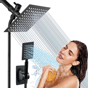 High Pressure Square Rain 8'' Shower Head Combo, Equipped with all Metal Hand Shower, 78" Extra Long Hose, 3-Way Diverter, Adhesive Shower Head Holder ( Square Shower Head Set Black)