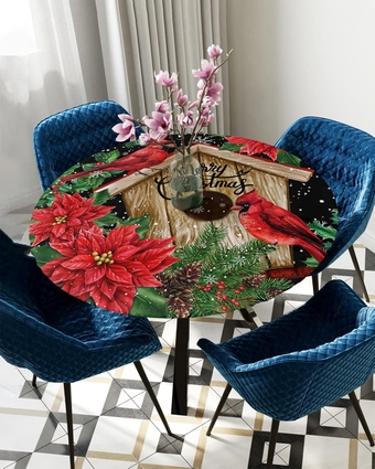Christmas Round Tablecloth with Elastic Edged, Red Bird Poinsettia Berry Snowflake Red Lace Waterproof Wipeable Patio Table Cover for Outdoor/Indoor, Fits Tables up to 45"-54" Diameter