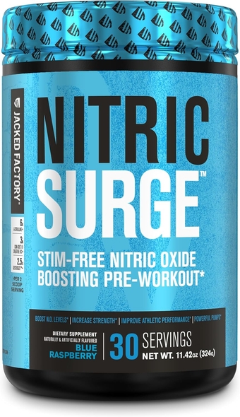 Nitric Surge Stim Free Pre Workout Powder - Caffeine Free Nitric Oxide Supplement w/Con-Cret Creatine, L Citrulline, & GlycerSize Glycerol for Pumps & Muscular Hydration - Blue Raspberry, 30 Servings