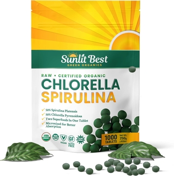 Sunlit Best Organic Burst Chlorella Spirulina Tablets - Pure Superfood Supplement with Blue Green Algae, Chlorophyll & Vegan Protein, Spirulina Chlorella Pills 1000 Tabs