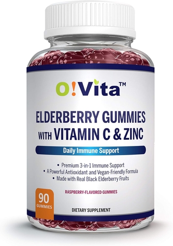 Black Elderberry Gummies with Vitamin C and Zinc, 3-in-1 Immune System Support for Adults and Kids, 45-Day Supply - Raspberry Flavored (90 Vegan Gummies)