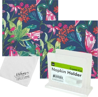 Cocktail Beverage Paper Napkins Holder Bundle - IHR 3-Ply 2 Pack of 20 Count 6.5 x 6.5 Disposable Napkins Caribbean Floral Inspired Design Crystal Cut Napkin Holder with Microfiber Cleaning Cloth