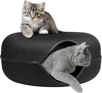 Peekaboo Cat Cave for Multiple Cats/Large Cats, Cat Caves for Indoor Cats Up to 30 Lbs, Cat Tunnel Bed, Scratch Detachable and Washable Large Donut Cat Bed, Black
