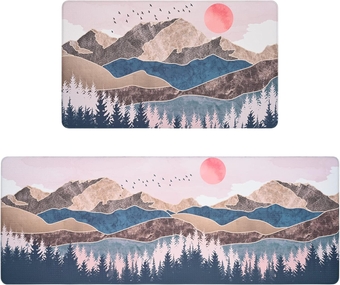 2 PCS Kitchen Rugs and Mats, Mountain Sunset Cushioned Anti-Fatigue Kitchen Rugs, Waterproof Non-Slip Washable Kitchen Mats for Floor Kitchen Laundry Office (17.3"x30"+17.3"x47")