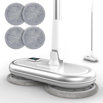 Electric Mop with Motorized Dual Spinning Mopheads, Lightweight & Rechargeable,4 Microfiber Pads & 2 Floor Scrubber Pads, for Hardwood Floor/Bathroom/Tile Floor Cleaning, Sliver