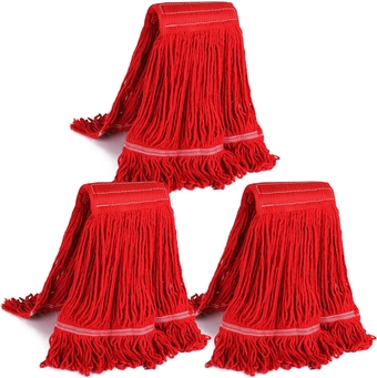 3-Pack Universal Corded Cotton Mop Head, Heavy Duty Commercial Mop Head Replacement, Reusable Machine Washable Mop, Industrial Grade Heavy Duty Floor Mop for Floor Cleaning(Red)