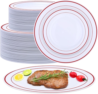 100 Pieces Wedding Party Plates Disposable Dinnerware Set 50 Guests Disposable Plastic Dinnerware for Party Dinner and Salad Plates, Plastic Plate with Elegant Rim for Party Supplies (Red Rim)