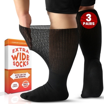 Wide Calf Socks, Women and Men's Wide Socks, Extra Wide Socks, Diabetic Socks for Men Size 13-15 Extra Wide, Loose Fit Socks - Black XL - 3 Pairs