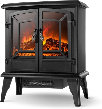 19 Inch 1400W Electric Fireplace Compact Freestanding Portable Stove Heater with Realistic Wood Burning Flame Effect, for Living Room or Bedroom - Black