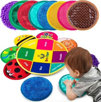 Sensory Mini Mats, 9 Set Textures Sensory Mats, Autism Sensory Toy with Sensory Tiles Cute Patterns, Early Sensory Exercise Words - Match Colors, Stress Relief Toy (Flower Shape)