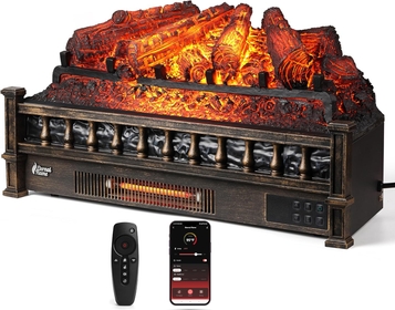 Eternal Flame 26 in. WiFi Infrared Quartz Electric Fireplace Log Heater with Sound Crackling, Realistic Pinewood Logs, Adjustable Flame Colors, Remote Control, Thermostat, Timer, 1500W Bronze