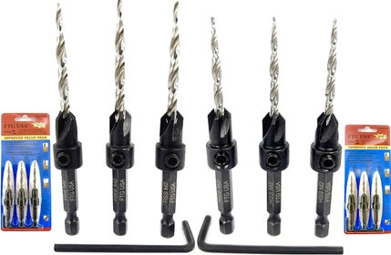 Countersink Drill Bit Set 3 Pc #6 (9/64") 3 Pc #8 (11/64") Countersink Drill Bit with Tapered Drill Bits, Quick Change Hex Shank Countersink Bit, 2 Hex Wrench