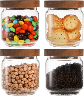 4 Pack 15 FL OZ (450ml) Glass Food Storage Jar with Acacia Lids, Airtight Sealed Clear Glass Canisters, Kitchen Food Storage Container for Serving Tea, Coffee Beans, Nuts, Spice, Sugar