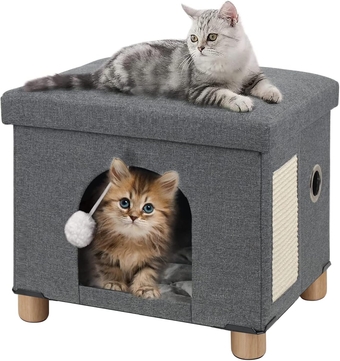 &  Foldable Cat Bed for Indoor Cats, Large Cat Cube for Pet Cat House with Cat Scratch Board & Cat Ball, 17.7 x 14.8 x 15 inches, Grey