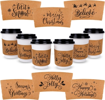 60 Pack Christmas Coffee Cup Tea Cup Sleeves Kraft Paper Sleeves for 12 and 16oz Paper Cup Black Holiday Greeting Prints Disposable Xmas Cup Paper Jacket for Hot Chocolate Cocoa Cold Beverage