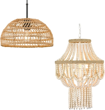 Modern Rattan Pendant Light, Hand-Woven Boho Basket Coastal Hanging Light Fixtures & Wood Beaded Chandelier for Farmhouse Dining Room Kitchen Island Living Room Bedroom Foyer
